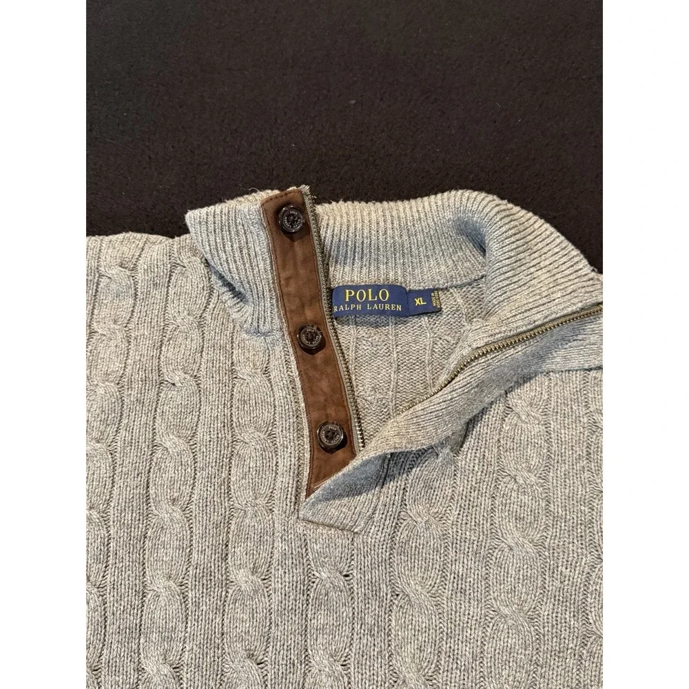 POLO RALPH LAUREN Tussah Silk Cable Knit Sweater 1/4 Button Sage Green Mens XL